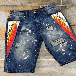 Men's Makobi Mid Blue | White | Red Flame Denim Shorts NWT